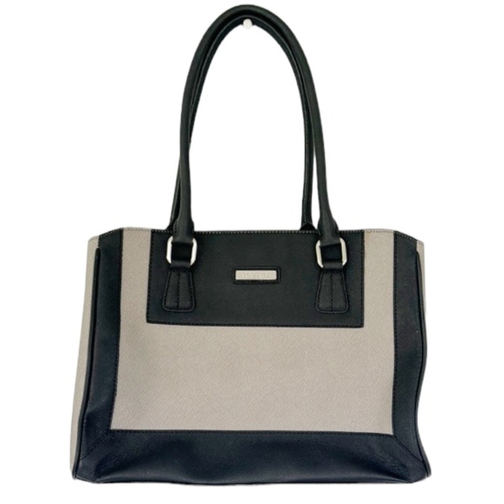 Calvin Klein black gray color block leather laptop pocket shoulder bag